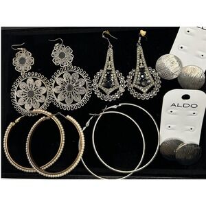 6 Dangle and Stud Earrings Set Silver Tone Filigree Flower Hoop Rhinestone Pearl